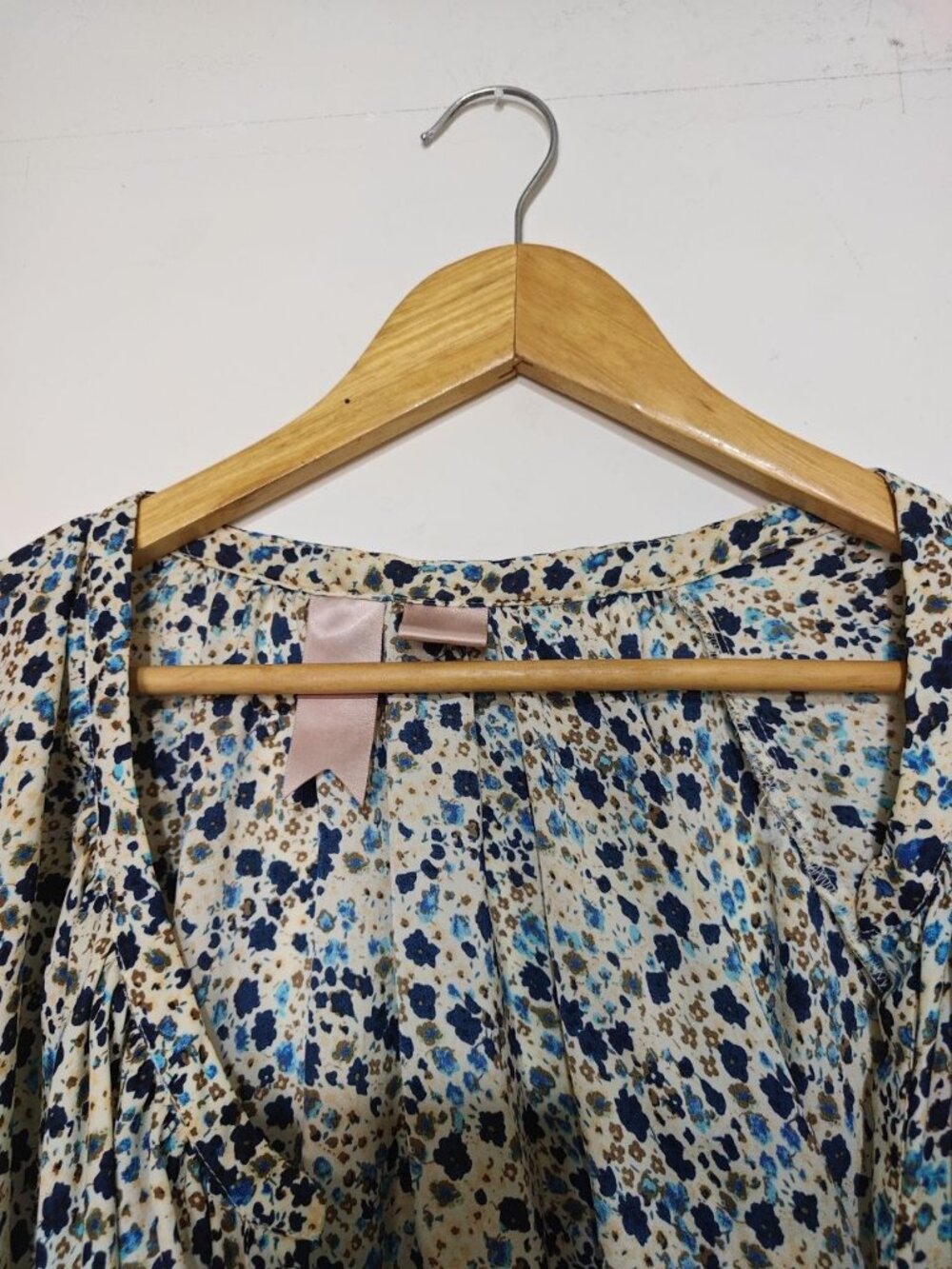 Women’s Blue Floral Wrap Blouse Ruffle Hem Bell Sleeve Top - Picture 5 of 5